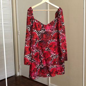 Red Floral Leopard Print Milkmaid Mini Dress Sz10